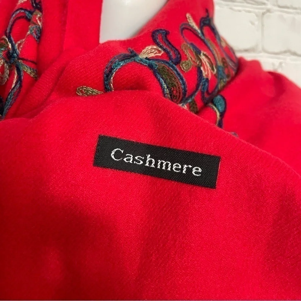 Red Embroidery Floral Flower Cashmere Long Fashion Scarf Wrap